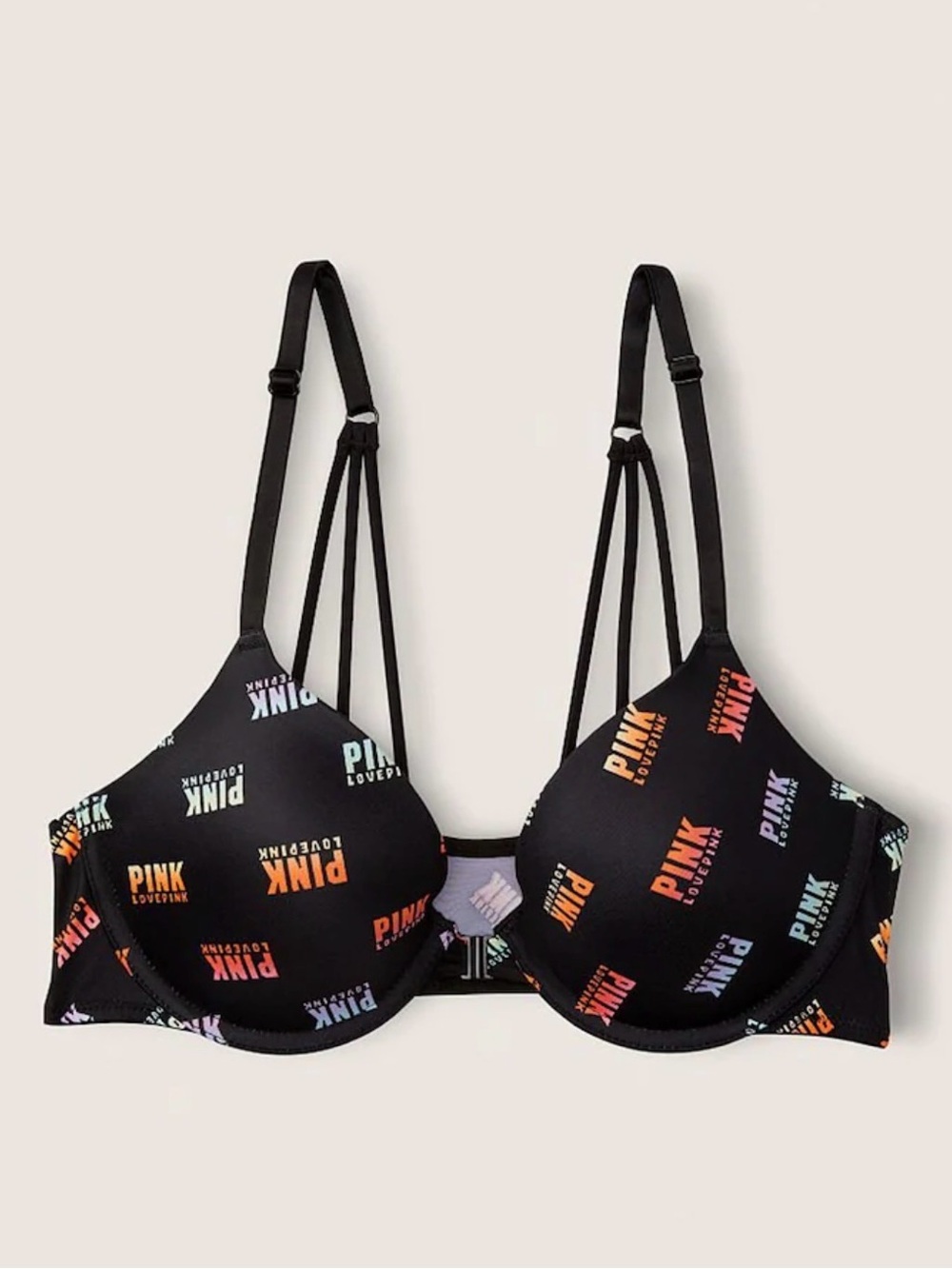 PINK Victoria's Secret Black Logo-Print Strappy Push-Up Bra - 32 C
